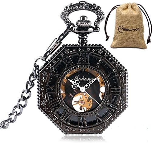 MILIYA Steampunk Octagon Skeleton Mechanical Hand Wind Men's Pocket Watch with Chain