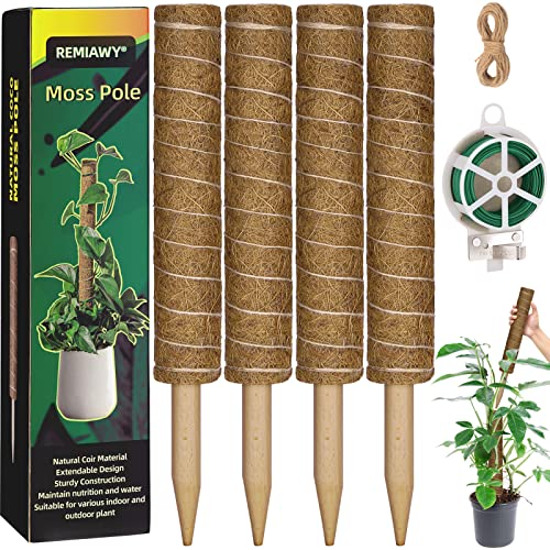 Moss Pole 56 Inch 142cm, 4 Pcs Moss Pole for Monstera, 45cm Coir Totem Pole Moss Stick for Climbing Plants Indoor Monstera Support Extension, Train Potted Creepers to Grow Upwards, 65 Feet Twist Tie