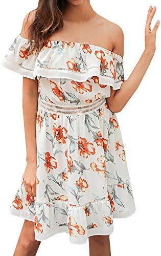 Pxmoda Women's Floral Print Red Dress Sexy Off Shoulder Layer Ruffle Mini Dress (Medium, Y-White)