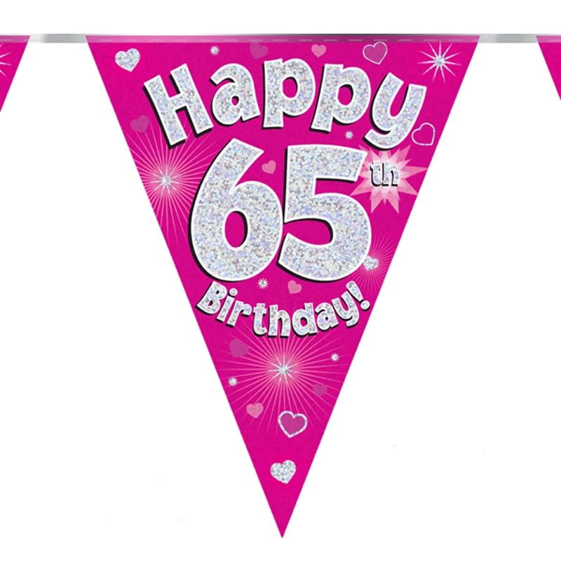 Party Bunting Happy 65th Birthday Pink Holographic 11 flags 3.9m