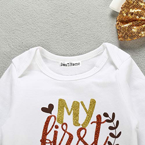 Baby Girl Thanksgiving Outfits Skirt Set Romper Tutu Dress Headband Leg Warmers 4PCS Romper for Newborn Toddler Infant (White, 9-12 Months(100))