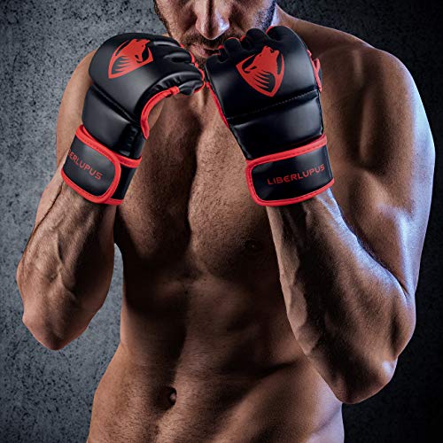 Liberlupus MMA Gloves, UFC Boxing Fight Gloves MMA Mitts with Adjustable Wrist Band for Sanda Sparring Punching Bag Training (Black & Red, L/XL)