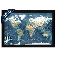 World Map Push Pin - Mounted on Pin Board and Framed - The Voyager 2 World Map - Designed by a Professional Geographer