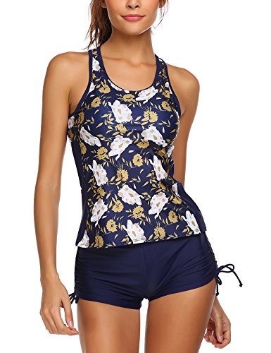 MAXMODA Women's Racerback Printed Tankini With Boyshort Two Piece Swimsuit