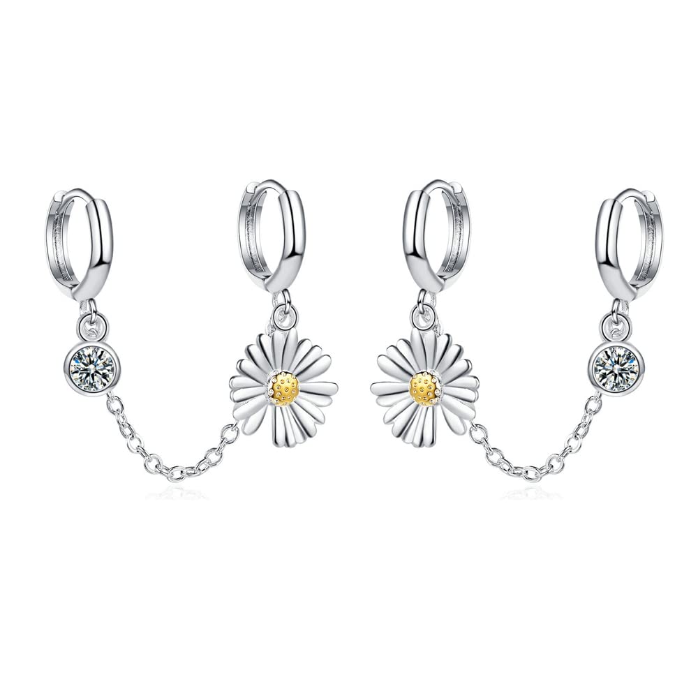 Two Holes Daisy Sunflower Small Hoop Earrings Dainty Tiny CZ Huggie Hoop Cuffs Cartilage Double Piercing Drop Dangle White Gold Plated Wrap Climbers Earrings for Women Girls Daughter Birthday Party
