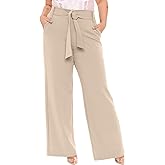 Eytino Womens Plus Size Stretch Dress Pants Comfy Wide Leg Belted Lounge Pants for Office, 1X-5X