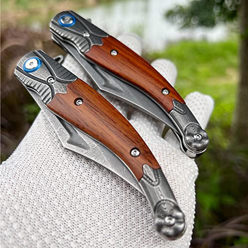 MINOWE Folding pocket Knife 3.9" Damascus Steel Blade with metal pocket