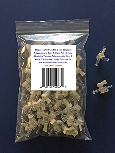 Stopcocks (Per Pack 50), 3 way Polycarbonate Body &amp; White Polyethylene Handel Stopcocks or Three-Way Stopcock for Industrial and Laboratory uses. P/N 100-1132-X050