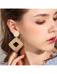 Heflashor 3 Pairs Rattan Earrings Bohemia Braid Rattan Dangle Earrings Hoop with Acetate Disc Square Drop Earrings for Women Girls Jewelry