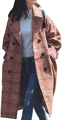 Aishang Women's Plaid Double Breasted Puff Cuff Wool Duster Coat Long Blazer