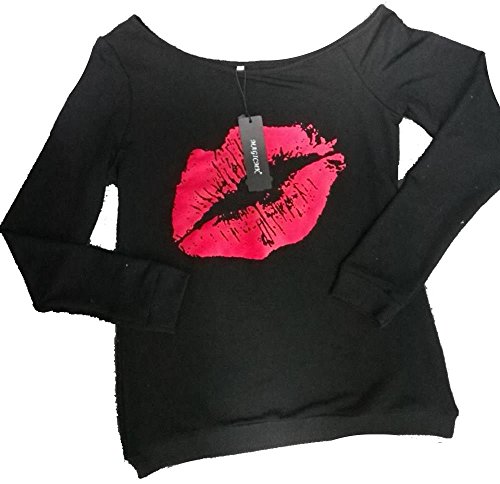 MAGICMK Women's Sexy Pullover Lips Print Casual Off The Shoulder Slouchy Shirt (L, Black+Red) - Thumbnail 6