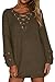 BOBIBI Women's Lace Up Front V Neck Long Sleeve Knit Pullover Sweater Mini Dress Top Army Green Large