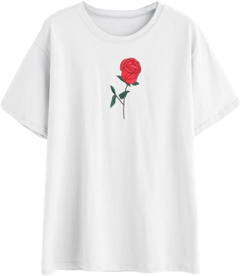 Momola Women's Plain T-Shirts Round Neck Short Sleeve Simple Rose Embroidery Tee Tops Ladies Girls Summer Casual O-Neck Female Blouse