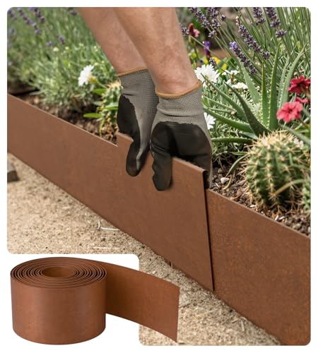 Rasenkante aus Cortenstahl 10m x 15cm, Metall Beeteinfassung, Beetumrandung | 0,6 mm dick, Cortenstahl Rasenkante, Ideal als Mähkante, Beetbegrenzung oder Pflanzring, Inkl. Handschuhe und Metallverbinder