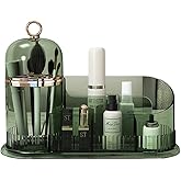 Makeup Organizer, Skincare Organizer with Brush Holder, Partitioned Storage Cosmetic Display Cases, Large Capacity Cosmetic Storage for Bedroom Dresser, Bathroom Counter (Clear green)