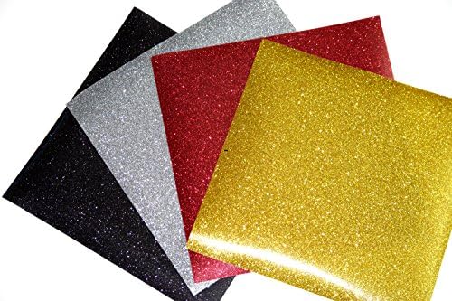 SpotDeals4u GLITTER Heat Transfer Vinyl for T Shirts garments bags and other fabrics-4 Glitter Sheets 9.8" X 9.8" - Assorted colors - Black, Silver, Red and Gold - Iron on Vinyl