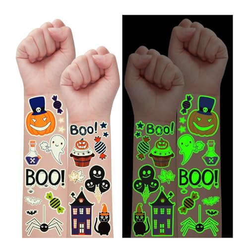 Partywind 135 Styles Luminous Tattoos, Glow Halloween Treats for Kids Party Supplies Favors Decorations, Cute Halloween Games Toys for Trick or Treat Party (12 Sheets)