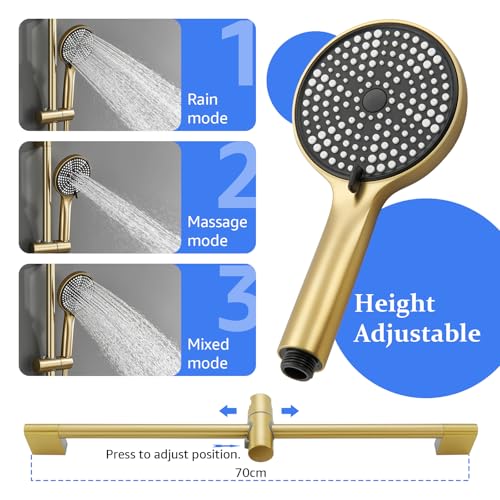 Bath Faucet with 3 Jets, Wall Mounted Bath Mixer Tap with 90° Rotating Spout, 1.5 m Flexible and Bracket, Bathroom Mixer Tap in Brass (Brushed Gold)
