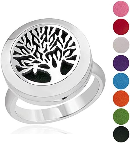 Tree of Life Essential Oil Diffuser Ring 316L Stainless Steel Magnet Locket Aromatherapy Rings, Best Gift Ideas for Women (Size 8)