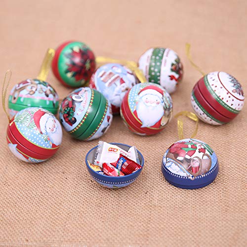 ElementDigital 9Pcs Tinplate Round Ball Boxes Creative Christmas Shatterproof Tree Candy Iron Balls Pendant, Xmas Detachable Candy Box Hanging Ornament Seasonal Decorations Kid's Holiday Surprise Gift