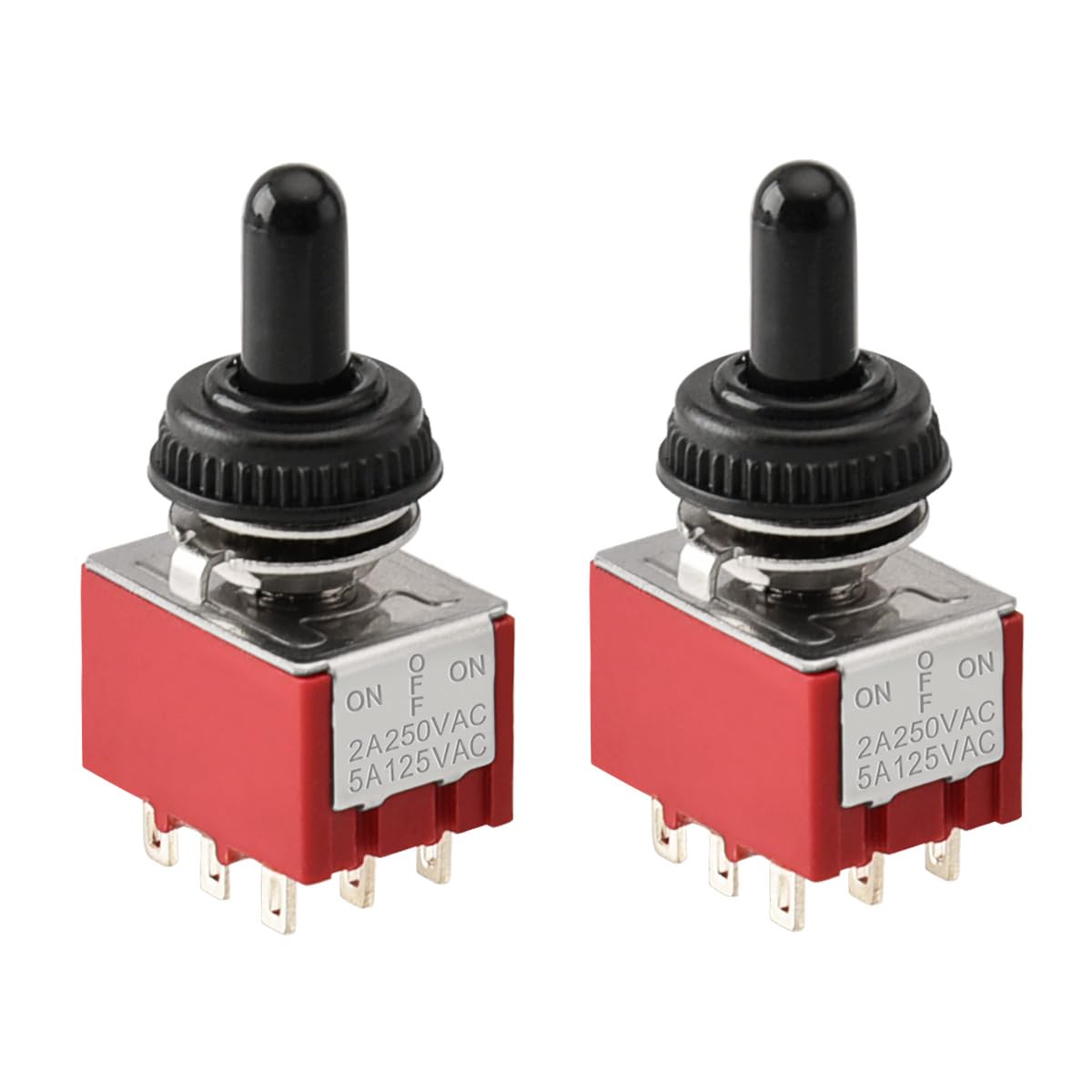Heschen Miniature Toggle Switch MTS-303 ON-OFF-ON 3PDT 9 Pin, 2A 250V, 5A 125V, with Waterproof Cover, Pack of 2
