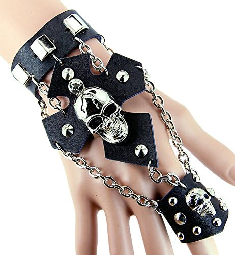 Hallery Mens Punk DJ Rock Alloy Skull Cross Rivet Leather Chain Bracelet Ring(Black)