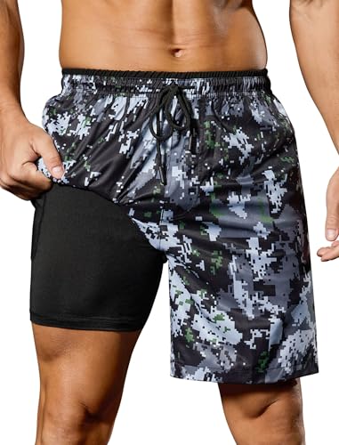 SILKWORLD 7" Quick Dry Men's Running Shorts with Zipper Pockets,Camo,L at Amazon