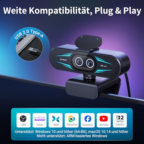 EMEET C60E Dual Camera 4K Webcam for Streaming, Wide Angle and Telephoto Lens, Up to 11x Hybrid Zoom & PDAF Auto Focus, Remote Control, RGB Lighting, 2 Microphones, Ideal for Live Streaming