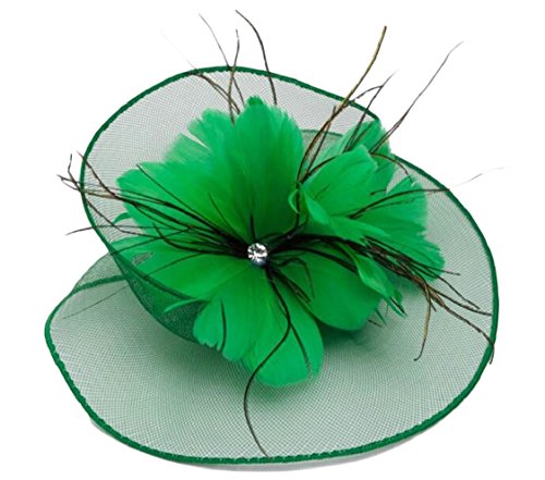 Miracle Women's Feather Mesh Net Sinamay Fascinator Hat with Hair Clip Tea Party Wedding Derby Hats Green OS