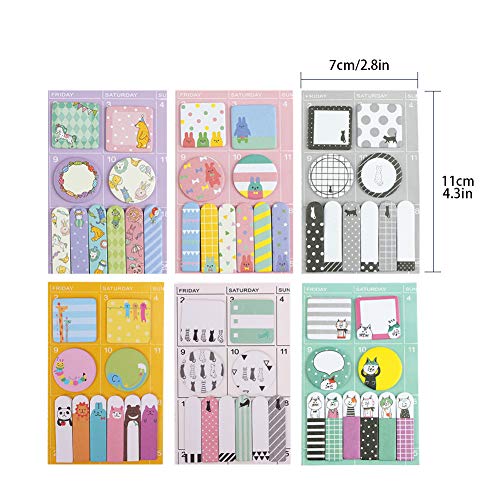 Sticky Notes 6 Set, Self-Stick Removable Sticky Page Markers Cute Cartoon Animal Note Pads Bookmark DIY Sticker Memo Pad Flag Markers for Office School (A)