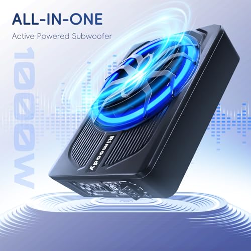 Rimoody Car Subwoofer, 10 Inch, 1000W Max, 400W RMS, Low Profile, Phase Control, 0-180°, Bass Boost 0-18dB, Under Seat Installation with LED Mood Lighting Blue