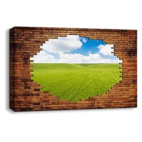Canvas Wall Art Grass View Shot Through Bricks Painting Artwork for Home Prints Framed - 12x18 inches