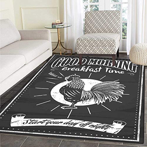 Retro Print Area Rug Chalkboard Art Good Morning Rooster in Retro Style Inspirational Phrase Print Perfect for Any Room, Floor Carpet 4'x6' Black and White