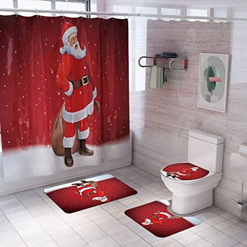 NIHAI 4PCS Cartoon Santa Red Shower Curtain Set, Bathroom Mats Set Non-Slip Rug Carpet Toilet Cover Mat Shower Curtain- Strong Water Resistance