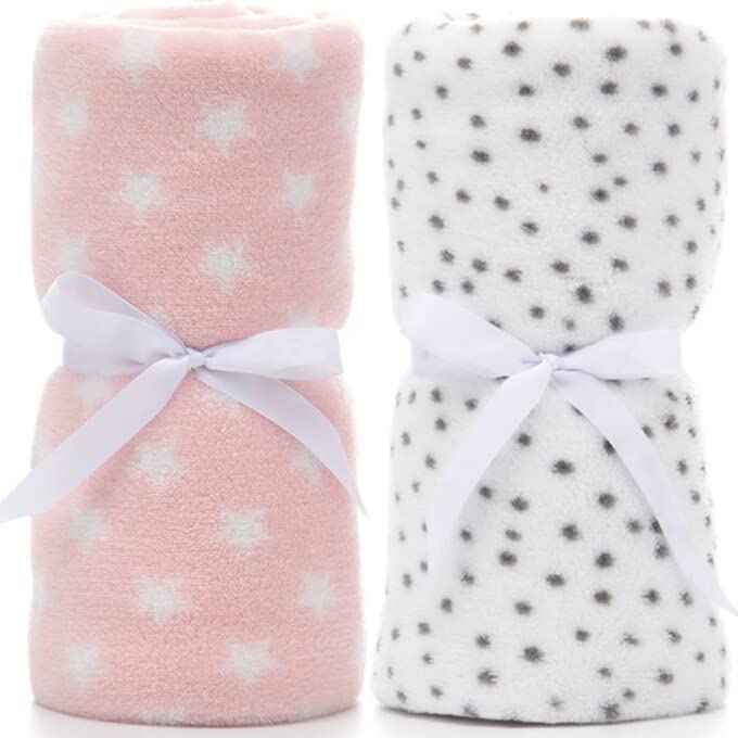 LeerKing Baby Blankets Soft Fleece 2 Pack Receiving Blanket for Boys and Girls Infant Toddler Flannel Newborn Toddler Swaddle Throw Blankets 30"x 40" Pink + White