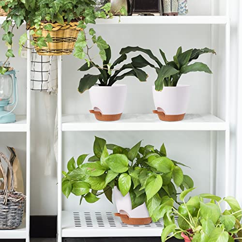 JOFAMY 6 inch Planter Pots, 5-Pack Self Watering Planters for Indoor Outdoor Plants, Plastic Plant Pots Set with Drainage Hole, Decorative White Flower Pots for All House, Garden Plants