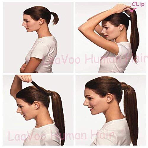 LaaVoo 18" Straight Long Ponytail Human Hair Extension Hairpiece Wrap Around Pony Tail Clip in Hair Extensions For Girl Lady Woman Highlight Color Light Brown to Light Blonde 80g
