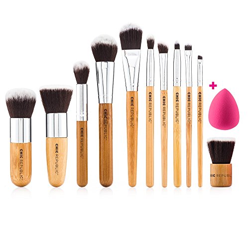 NEW 11 Piece Professional Makeup Brush Set with Premium Synthetic Hair and Natural Bamboo handles for Face, Cheeks and Eyes, plus includes a BONUS Complexion Beauty Sponge Blender!
