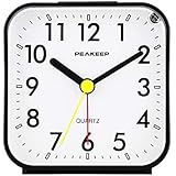 Peakeep Small Battery Operated Analog Travel Alarm Clock Silent No Ticking, Lighted on Demand and Snooze, Beep Sounds, Gentle Wake, Ascending Alarm, Easy Set (Black)