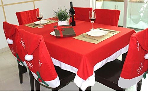 Keynew Holiday Christmas Red and White Print Rectangle Tablecloth 52-By-70 Inch with Santa Claus Snowflake Hat Chair Covers Set of 6