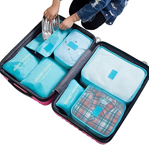 7 Piece of Luggage Organizers Packing cubes Travel Organizer Cloth Shoe Storage Bag Organization- Bright Colors- Lightweight- Waterproof, Nylon&amp;Polyester Mesh Material (Light Blue)