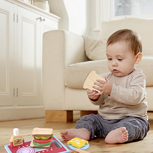 KIDS TOYLAND Wooden Sandwich-Making Set Play Food Set for Kids - Pretend Play Learning Educational Kitchen Toys Toddlers Breakfast Hand-Painted Wooden Pieces (13pcs)