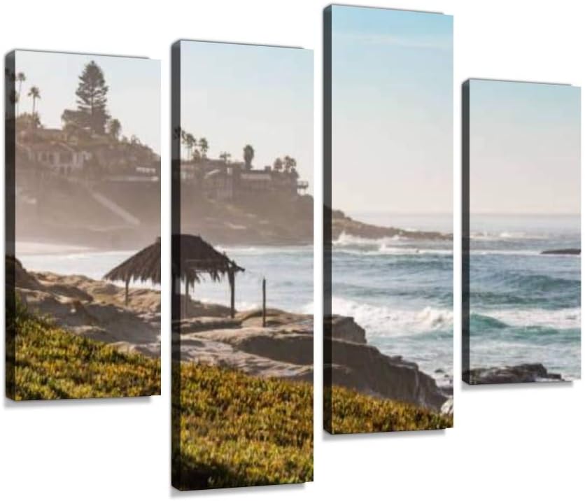Amazon Com Hipolotus 4 Panel Canvas Pictures Hazy Morning On Windansea Beach In La Jolla Surf Shack Stock Wall Art Prints Paintings Stretched Framed Poster Home Living Room Decoration Ready To Hang