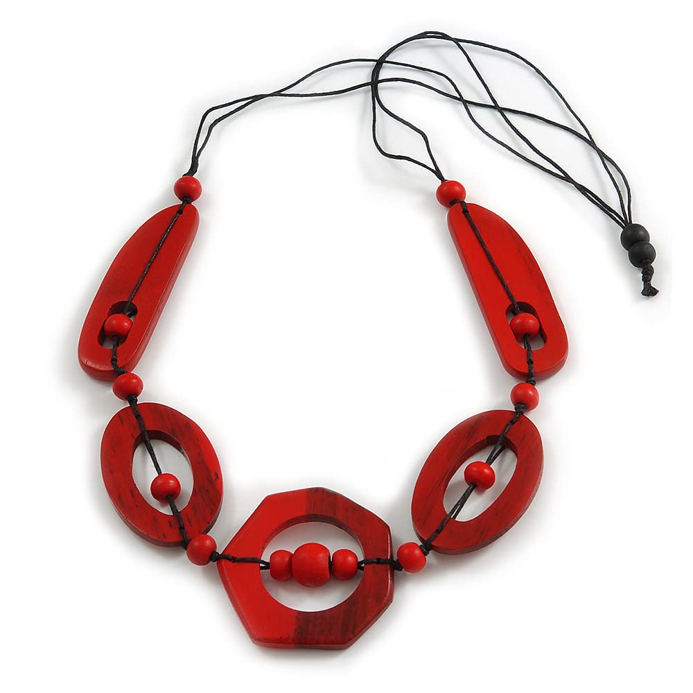 Avalaya Long Geometric Red Painted Wood Bead Black Cord Necklace - 90cm Max/Adjustable