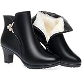 Hhhchpm Women's Mid Block Heel Ankle Boots Fashion Rhinestones Buckle Decor Comfort Warm Fur Lined Chunky Heels Snow Boots with Side Zipper