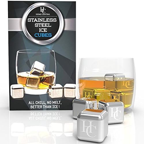 Stainless Steel Ice Cubes by Home Central – Set of 6 Reusable Whiskey Stones Rocks – Best Beverage Cooler: Whiskey, Scotch, Vodka, Wine Chiller