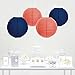 Andaz Press Hanging Paper Lantern Party Decor Trio Kit with Free Party Sign, Coral and Navy Blue, 4-Pack, for Nautical Bridal Shower Wedding Decorations