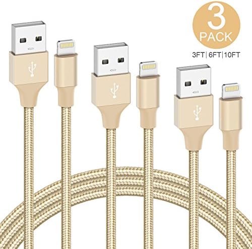 iPhone Cable, Teletrogy 3Pack 3ft 6ft 10ft Nylon Braided iPhone Charger Cable Sync and Charging with Aluminum Connector for iPhone X 8 8 Plus 7 Plus 6s Plus 6 Plus 5s 5c SE iPad Pro Air Mini - Gold