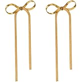Long Tassel Chain Earrings Bow Drop Dangle Earrings Flat Herringbone Snake Chain Earrings for Women Flexible Stainless Steel Ribbon Ear Studs Statement Jewelry