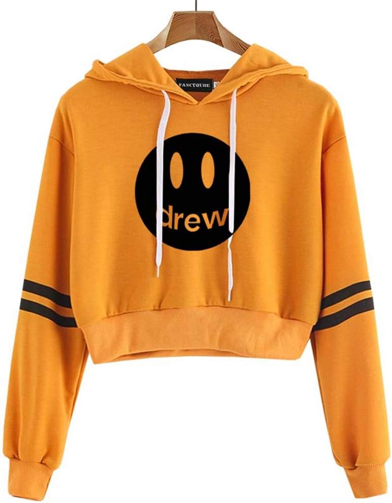 Fushimuma Women's Justin Bieber Crop Top Hoodies Fans Gift Costumes Striped Sleeve Sweatshirt
